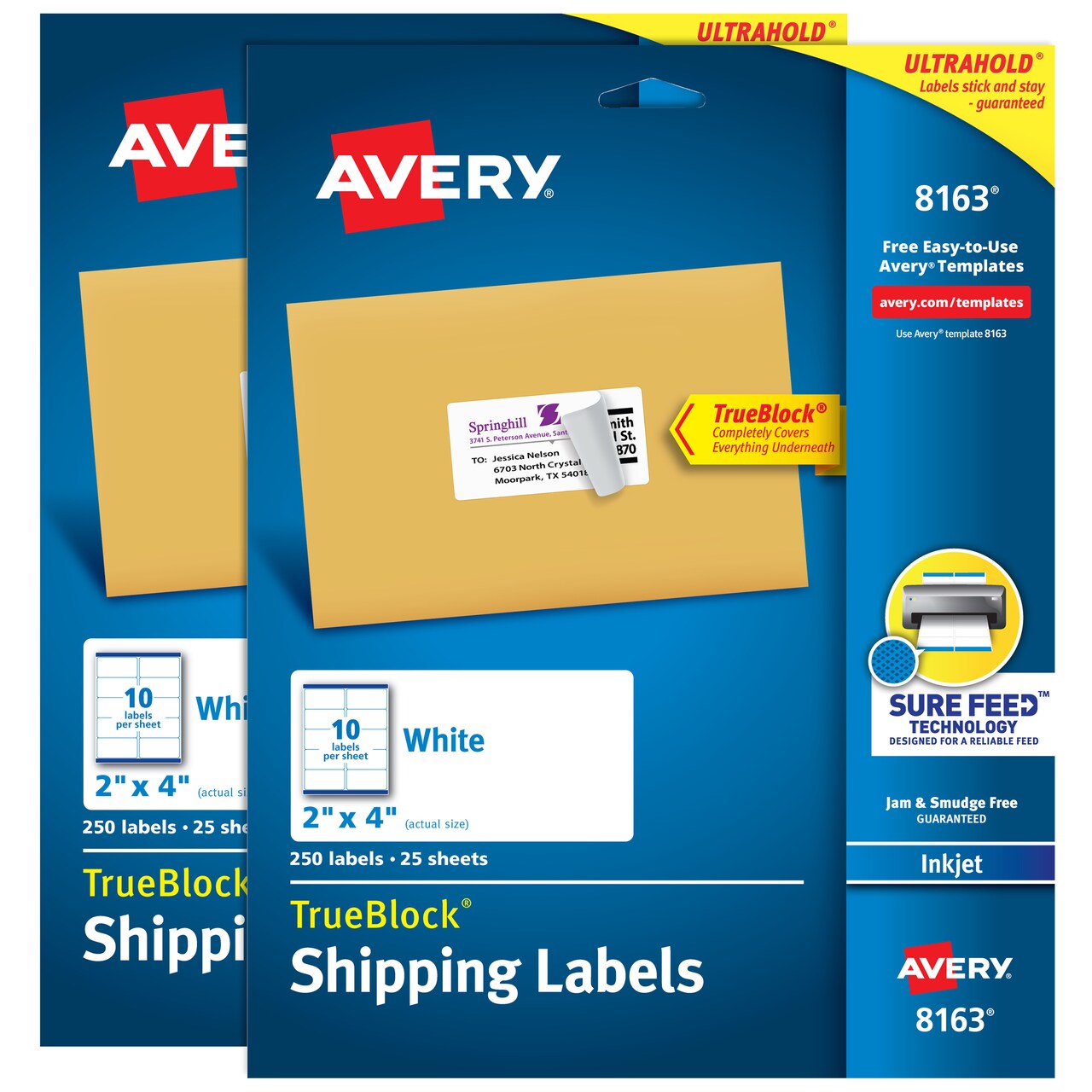 Avery Printable Shipping Labels with Sure Feed, 2" x 4" Customizable Stickers, White, 500 Blank Mailing Labels Total, Great for Mailing, Shipping, and More (2-Pack of 8163)